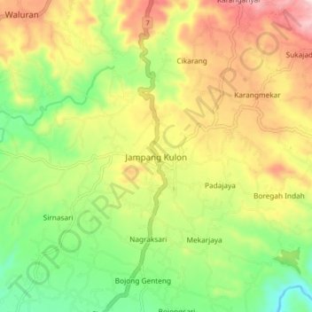Mapa topográfico Jampang Kulon, altitud, relieve