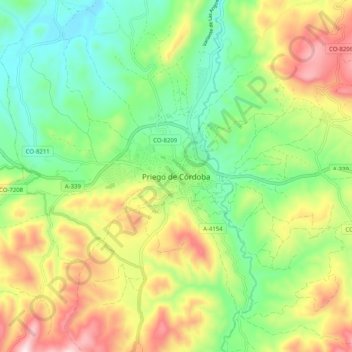 Mapa topográfico Priego de Córdoba, altitud, relieve