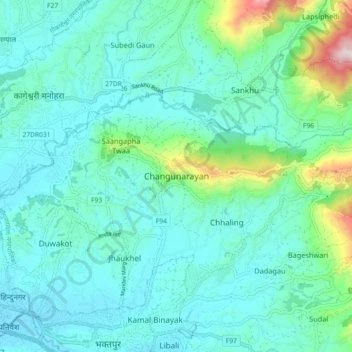 Mapa topográfico Changunarayan, altitud, relieve