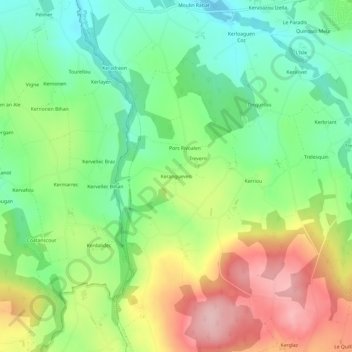 Mapa topográfico Kerangueven, altitud, relieve
