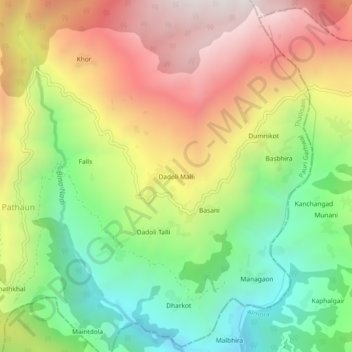 Mapa topográfico Dadoli Malli, altitud, relieve
