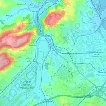 Mapa topográfico Veriña de Abajo, altitud, relieve