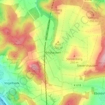 Mapa topográfico Ahlshausen, altitud, relieve
