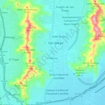Mapa topográfico San Diego, altitud, relieve