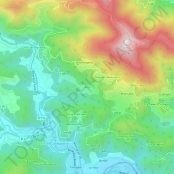 Mapa topográfico Arlix, altitud, relieve