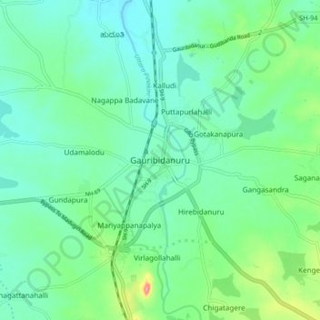 Mapa topográfico Gauribidanuru, altitud, relieve