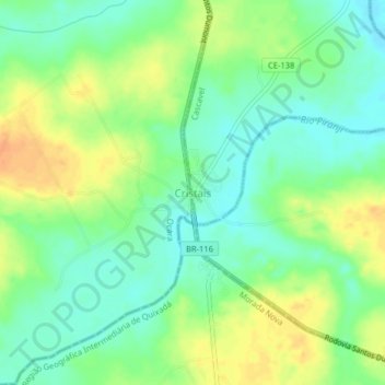 Mapa topográfico Cristais, altitud, relieve