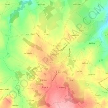 Mapa topográfico Brelaudie, altitud, relieve