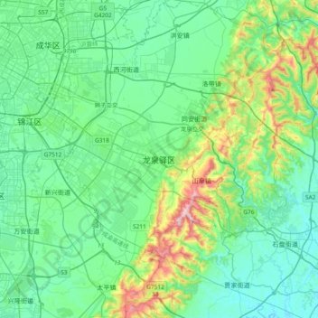 Mapa topográfico 龙泉驿区, altitud, relieve