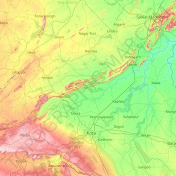 Mapa topográfico Būndi, altitud, relieve