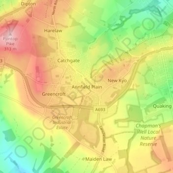 Mapa topográfico Annfield Plain, altitud, relieve