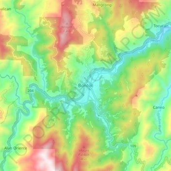 Mapa topográfico Bontoc, altitud, relieve