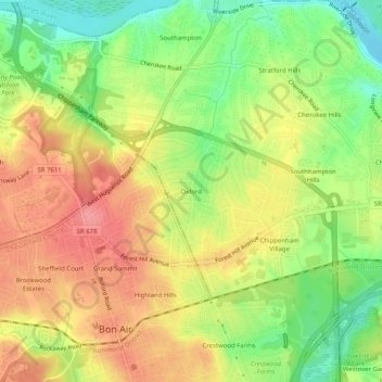 Mapa topográfico Oxford, altitud, relieve