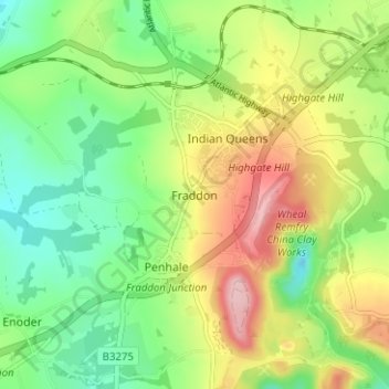 Mapa topográfico Fraddon, altitud, relieve