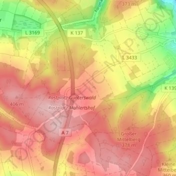 Mapa topográfico Mahlertshof, altitud, relieve