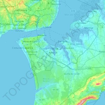 Mapa topográfico Amora, altitud, relieve