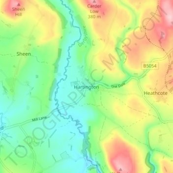 Mapa topográfico Hartington, altitud, relieve