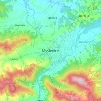 Mapa topográfico Myślenice, altitud, relieve