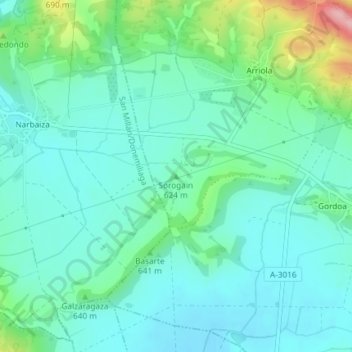 Mapa topográfico Sorogain, altitud, relieve