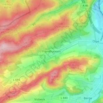 Mapa topográfico Frenkhausen, altitud, relieve