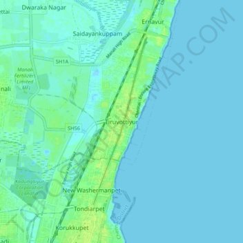 Mapa topográfico Tiruvottiyur, altitud, relieve