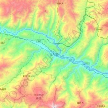 Mapa topográfico Yuanyang, altitud, relieve