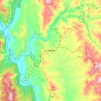 Mapa topográfico Kunihar, altitud, relieve