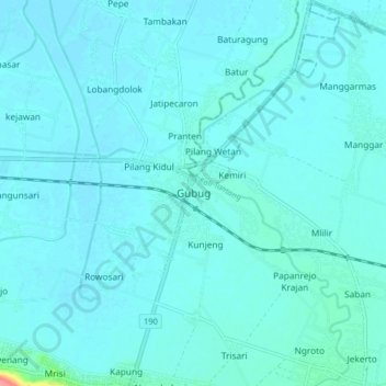Mapa topográfico Gubug, altitud, relieve