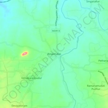 Mapa topográfico Anaimalai, altitud, relieve