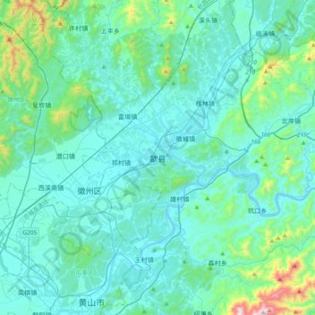 Mapa topográfico Shexian, altitud, relieve