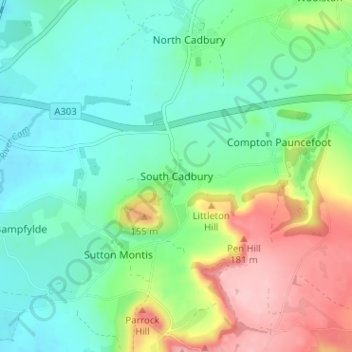 Mapa topográfico South Cadbury, altitud, relieve