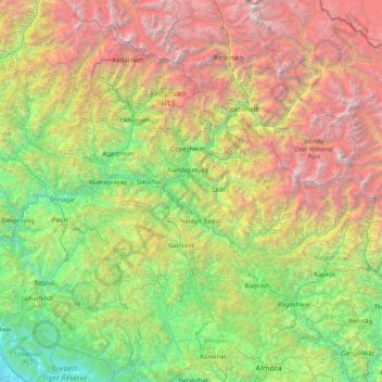 Mapa topográfico Garhwāl, altitud, relieve