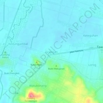 Mapa topográfico Grajegan, altitud, relieve