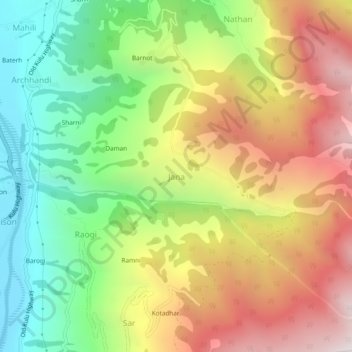 Mapa topográfico Jana, altitud, relieve
