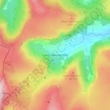 Mapa topográfico Cwm Penmachno, altitud, relieve