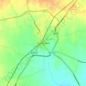 Mapa topográfico Tindivanam, altitud, relieve