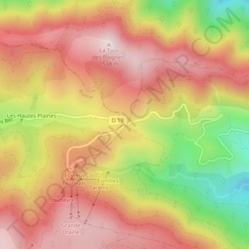 Mapa topográfico Col de la Croix de Bauzon, altitud, relieve