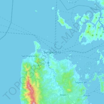 Mapa topográfico Surigao City, altitud, relieve