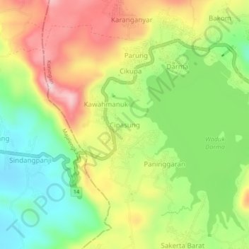Mapa topográfico Cipasung, altitud, relieve