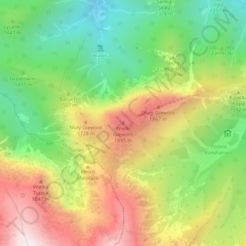 Mapa topográfico Wielki Giewont, altitud, relieve
