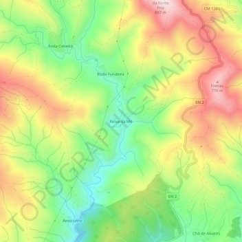 Mapa topográfico Relva da Mó, altitud, relieve