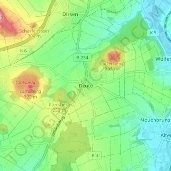 Mapa topográfico Deute, altitud, relieve
