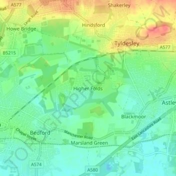 Mapa topográfico Higher Folds, altitud, relieve