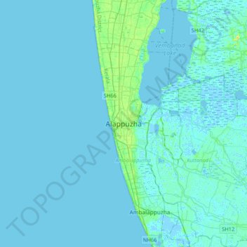 Mapa topográfico Alappuzha, altitud, relieve
