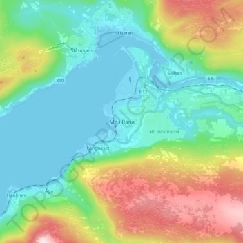 Mapa topográfico Mo i Rana, altitud, relieve