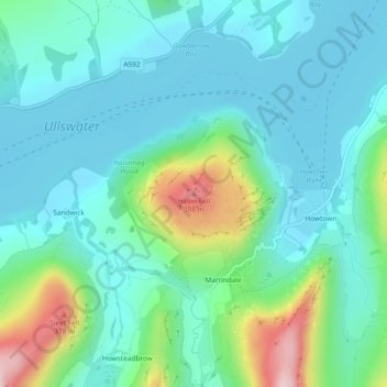 Mapa topográfico Hallin Fell, altitud, relieve