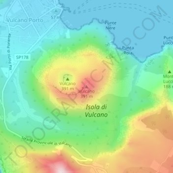 Mapa topográfico Vulcano, altitud, relieve