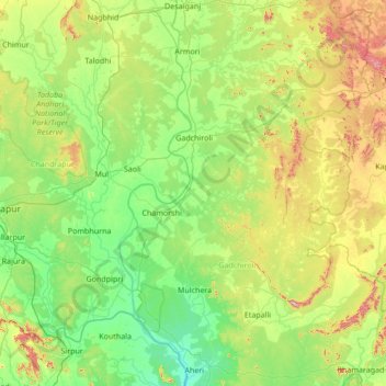Mapa topográfico Chandrapur, altitud, relieve