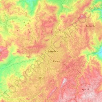 Mapa topográfico Butembo, altitud, relieve