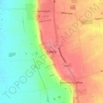 Mapa topográfico Coleby, altitud, relieve